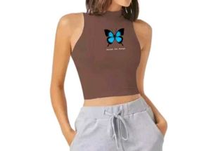 Brown Butterfly Graphic Crop Tank Top
