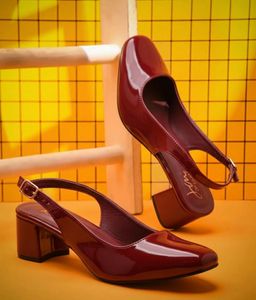 cherry red close toe block heels