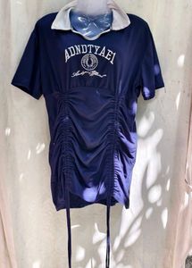 13279. Navy Blue Ruched Drawstring Dress