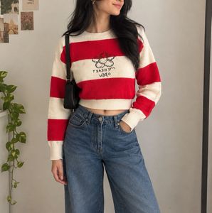Red n White Striped Cropped Sweater with Graphic