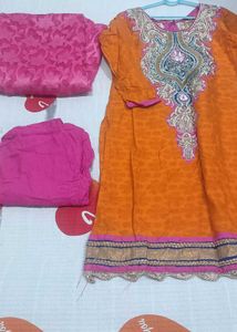 Orange Embroidered Kurta Set with Pink Dupatta