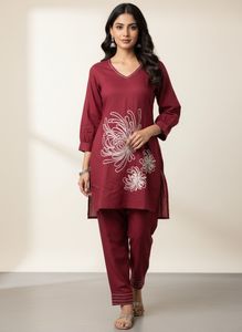 Maroon Floral Embroidery & katha work Cod-set