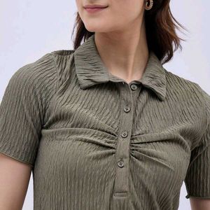Chic Olive Green Ribbed Polo Dress