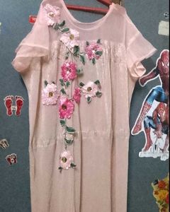 Pink Embroidered Maxi Dress with Floral Appliques