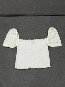 Shirred Square-Neck Top with Lace Detailing
