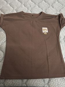 Cute Brown Textured Top with Bear Graphic