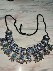 Boho Blue Stone Oxidised Choker Set
