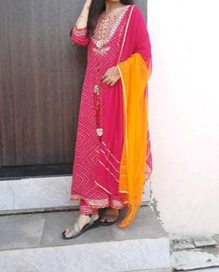 Vibrant Pink Bandhani Kurta Set with Dupatta