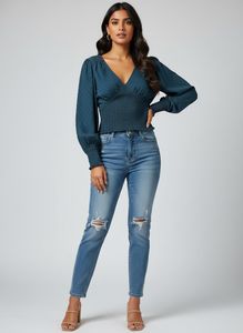 Chic Black Smocked V-Neck Top