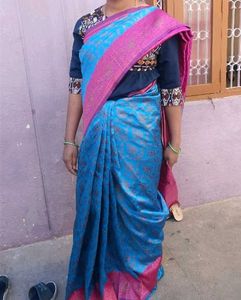 Silk Blend Saree - Blue &amp; Pink