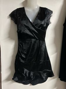 Elegant Black Satin Dress with Lace Sleeves
