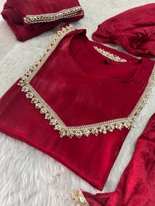 Elegant Red shiny fabric Kurta Set with Gold Trim