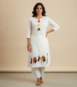 White Kurta Set with Camel Embroidery