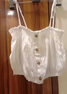 White Smocked Button-Up Crop Top