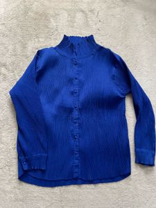 Vibrant Blue Pleated Mock Neck Button-Up Shirt