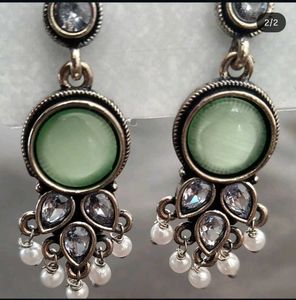Designer Green Stone Pearl Dangle Earrings
