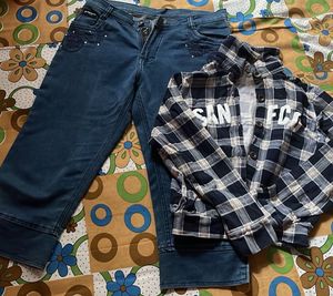 Blue Denim Capris & Plaid Shirt Set combo