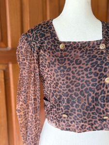 Leopard Print Sheer Button-Up Crop Top