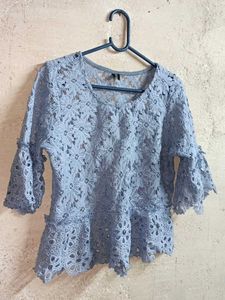 Blue Lace Bell Sleeve Top Sheer Cropped