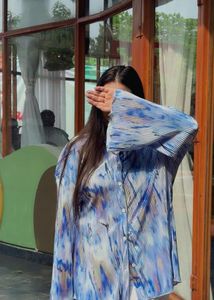 Stylish Pleated Blue Abstract Print Shirt