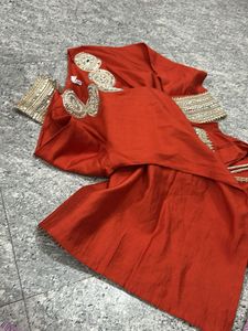 Red Embellished Kurta Set with Matching Potli Bag