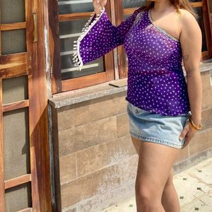 Purple printed one sleeve top 💜
