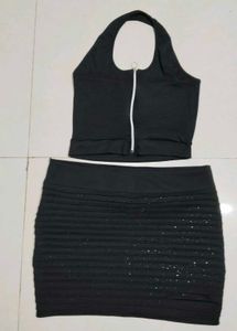 Chic Black Halter Neck Crop Top & Skirt Set