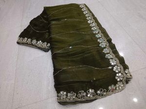 Elegant Olive Green Embroidered Saree