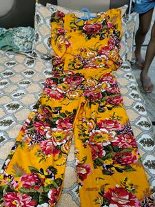 Floral Yellow Jumpsuit with Ruffle Sleeves