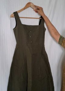 Olive Green Square Neck Button-Up Dress