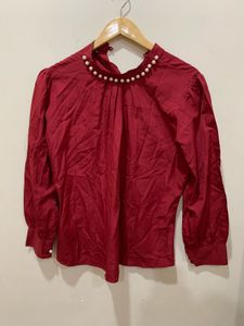 Elegant Pearl Neckline Red Blouse