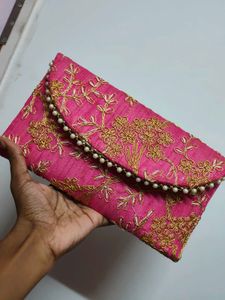 Pink Embroidered Clutch with Pearls
