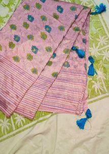 Beautiful Onion colour Saree with Tassels and stit