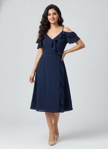 Navy Blue Ruffle Cold Shoulder Dress