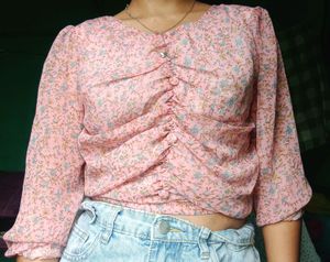 Ruched Crop Top (Pastle Green And Floral Print)
