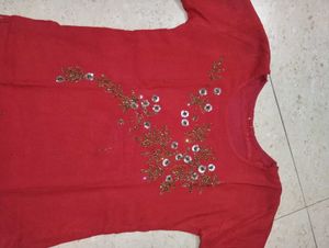 Red Embroidered Asymmetrical Kurta