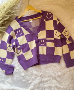 Purple Smiley Checkered Cardigan