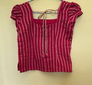 Ethnic Striped Puff-Sleeve Top For Teen Girls