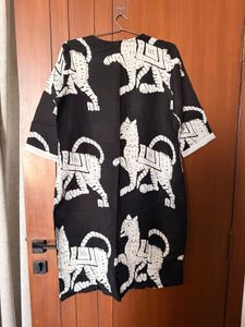 Black &amp; White Cat Print Kurta Set