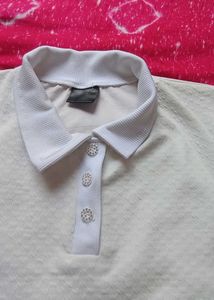 White Textured Polo Neck Top