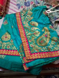 Teal Embroidered Silk Saree
