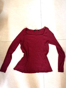 Maroon Ribbed Lettuce Hem Top