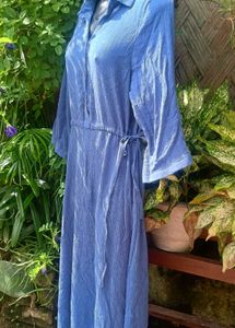 Blue Button-Front Midi Shirt Dress