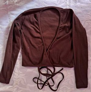 Brown Ribbed Wrap Long Sleeve Top