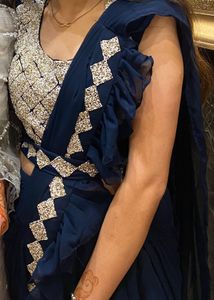 Elegant Navy Blue Ruffled Ethnic Saree