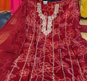 Embroidered Red Floral Kurta Set