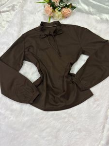 Chic Brown Long Sleeve Tie Neck Top