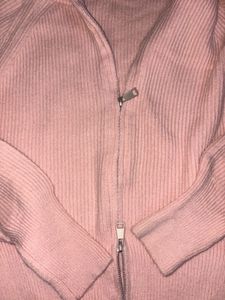 Pink Ribbed Knit Zip-Up Hoodie