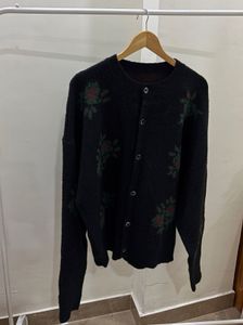 Oversized Black Flower Pattern Knit Cardigan
