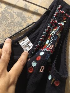 Black Soft Cotton Embroidered Sleeveless Gown